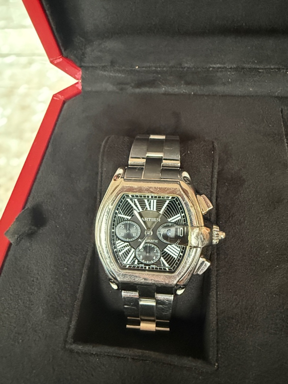 Authentic Cartier Roadster Chronograph XL Steel Black Roman Bracelet